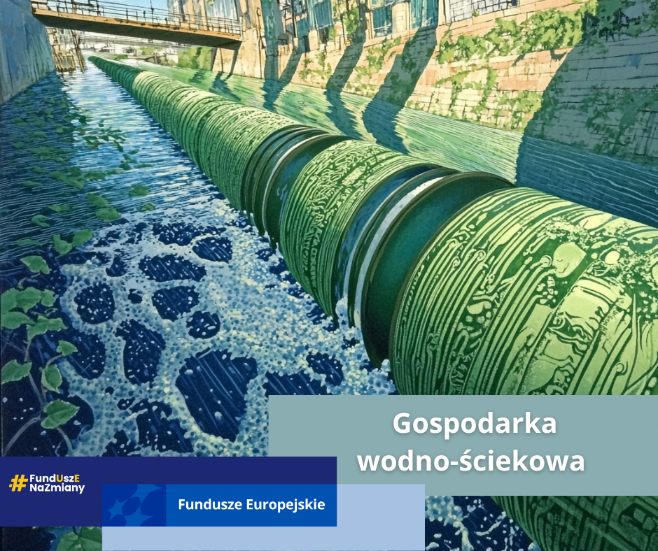 Grafika utrzymana w zielono-niebieskiej tonacji, na pierwszym planie widać rury wodno-kanalizacyjne oraz napisy: gospodarka wodno-ściekowa, Fundusze na zmiany oraz Fundusze Europejskie